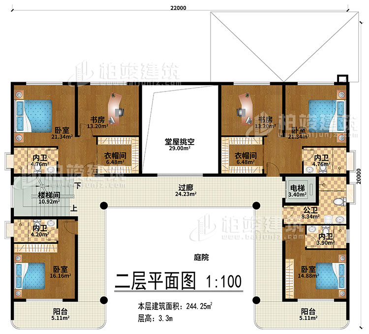 二层：堂屋挑空、过廊、楼梯间、电梯、4卧室、2衣帽间、2书房、4内卫、公卫、2阳台